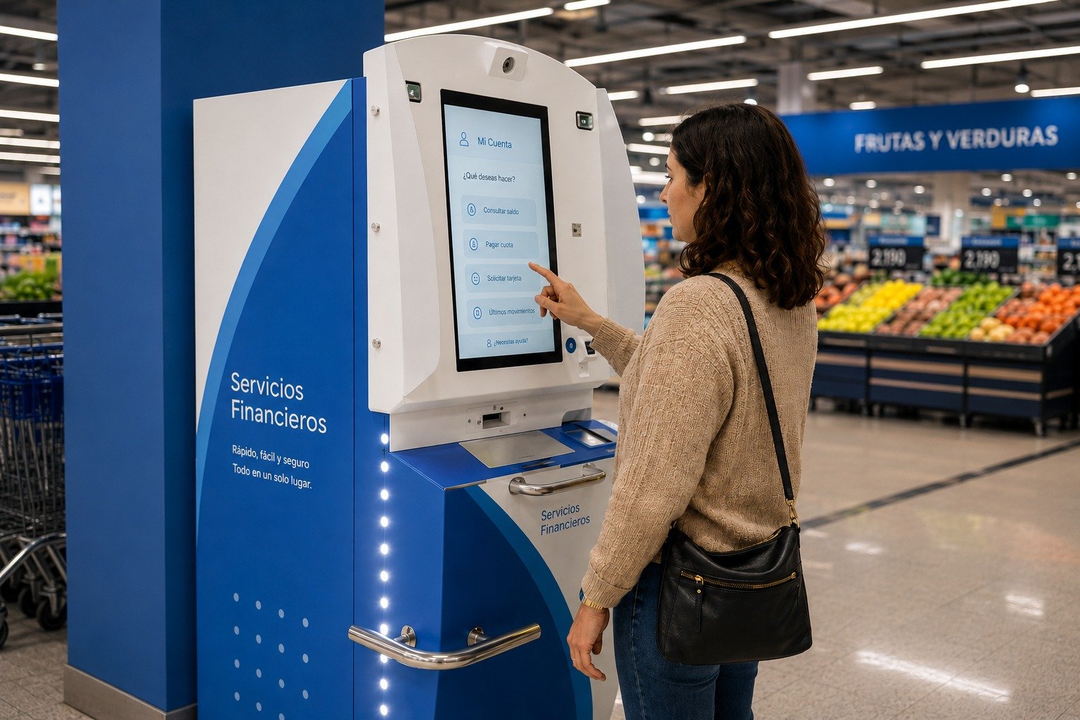 Mujer usando kiosco de autoatención de servicios financieros en supermercado — diseño UX/UI por Dos Players